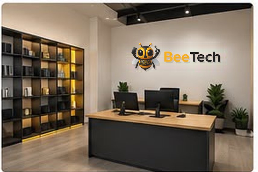 Birou BeeTech cu sigla pe perete